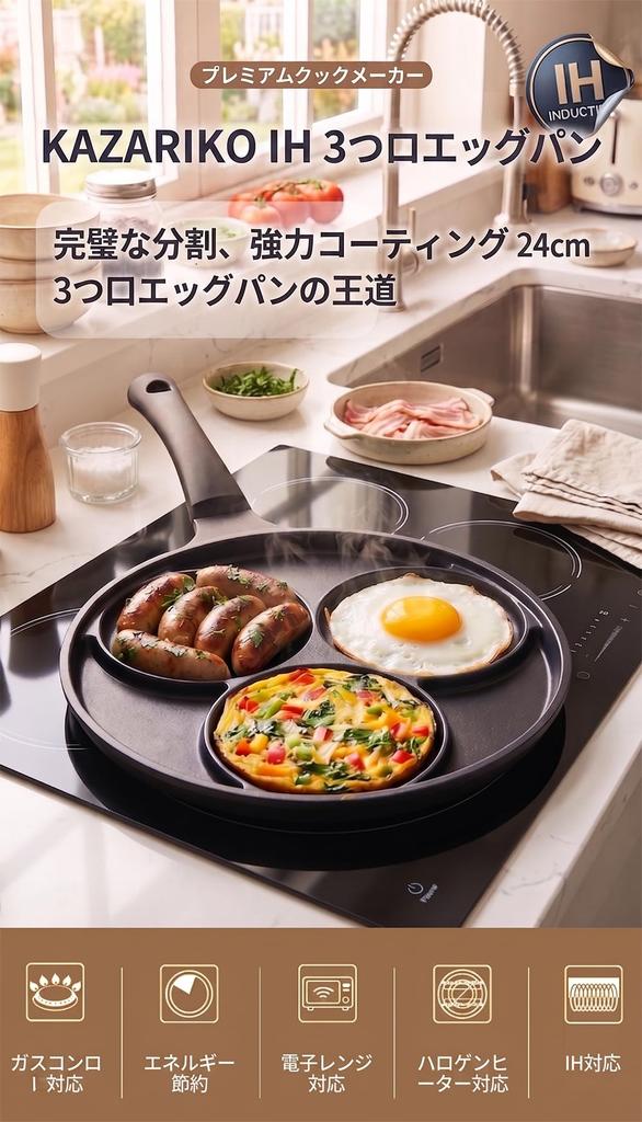 [KAZARIKO] Fried Egg Frying Pan, IH Compatible, 3 Holes, 10cm Diameter, Divided, Multi-Pan, for Lunchboxes and Breakfast, Non-stick, Easy to Clean,