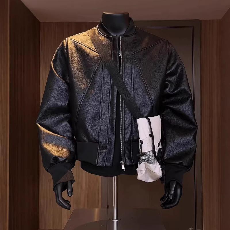 Men Cropped Patchwork Motorcycle Jacket Long Sleeve Zip Up Baseball Style