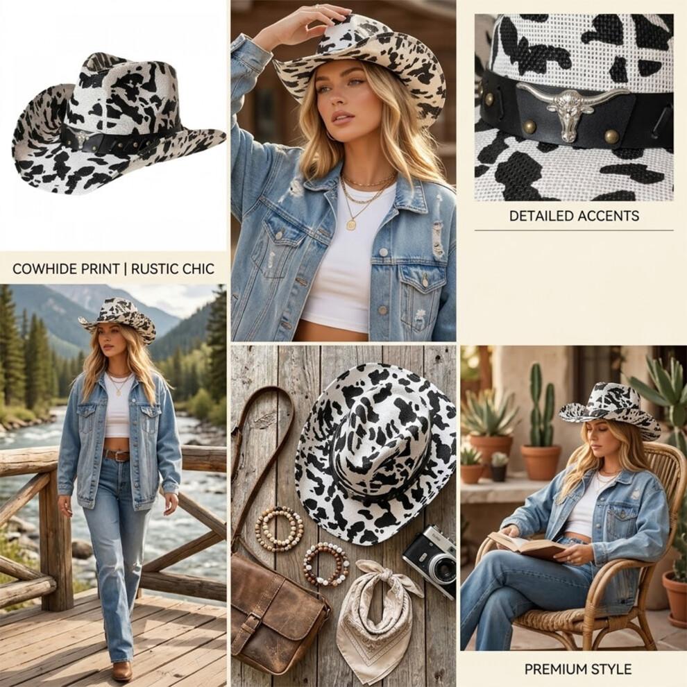 (M, White) Straw Sun Hat Retro Tie-Dye Cow Spots Print Wide Brim Western Cowgirl Hat