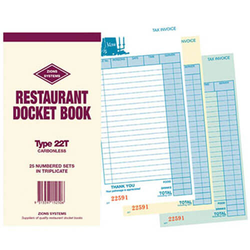 Zions Carbonless Triplicate Restaurant Docket Book (22 Line)
