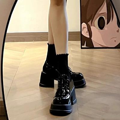 Осенние тонкие черные туфли на платформе, маленькие кожаные туфли, женские, увеличивающие рост, на толстом каблуке, туфли Мэри Джейн, высокий каблук-маффин