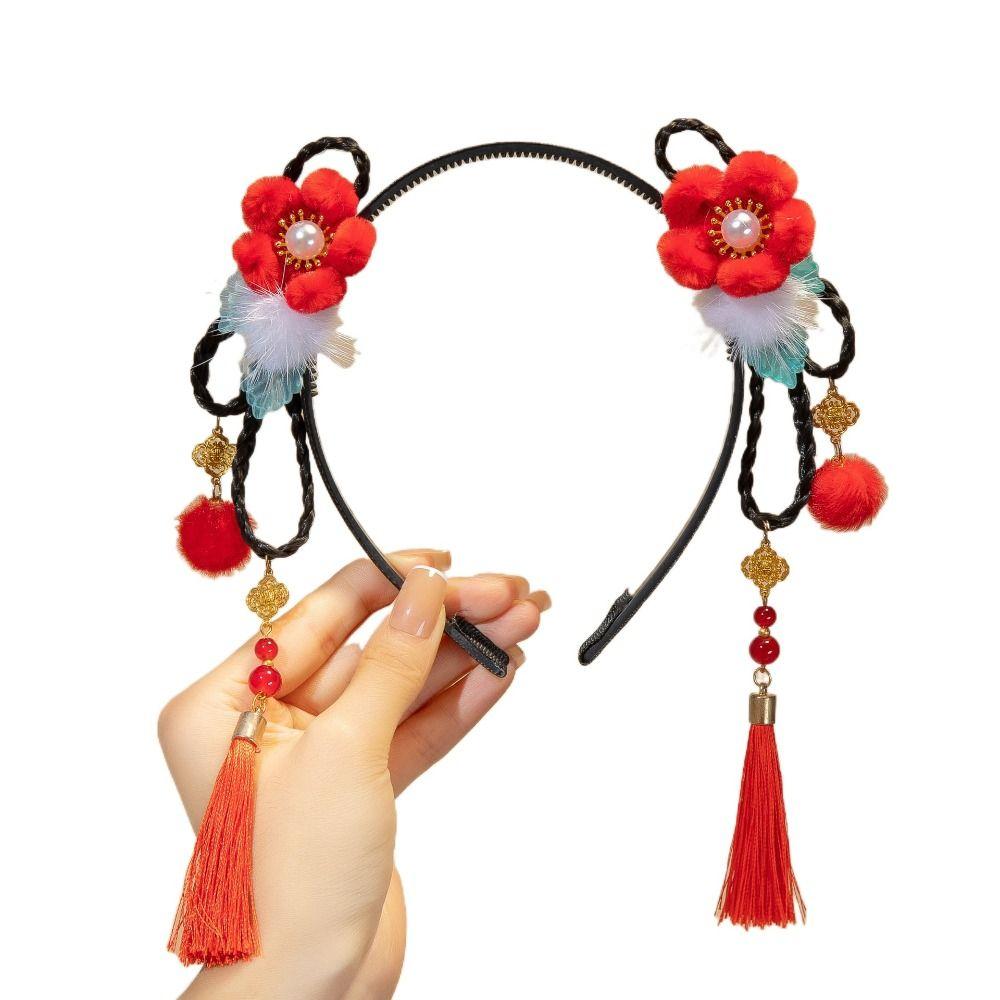 Красный парик ханьфу, повязка на голову с жемчугом, новогодний головной убор, традиционная повязка на голову с цветочной кисточкой для детей