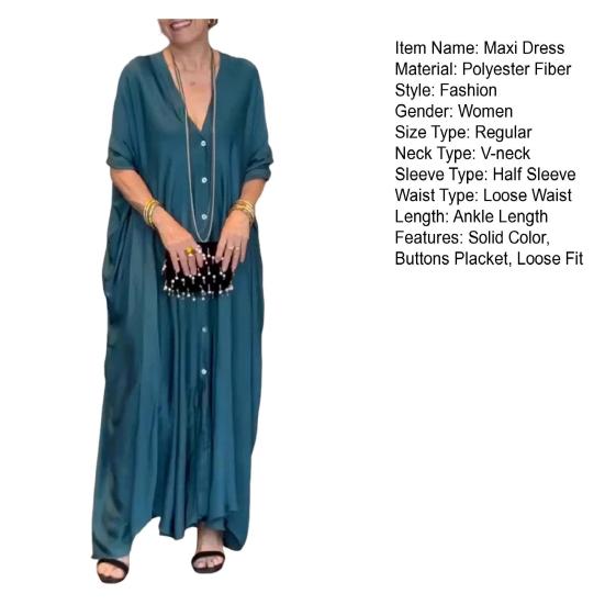 Женское макси-платье с V-образным вырезом, застегивающимся на пуговицы, рукавами «летучая мышь», платье-рубашка, однотонный цвет