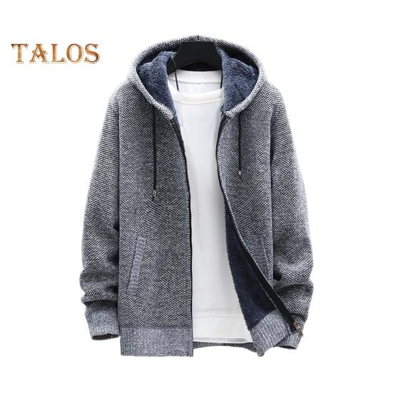 Winter Men Jacket Thickened Fleece Hooded Drawstring Zip-up Long Sleeves Sweater Coat Pockets Elastic Cuff Retro Knitted Daily Wear Outerwear Jacket