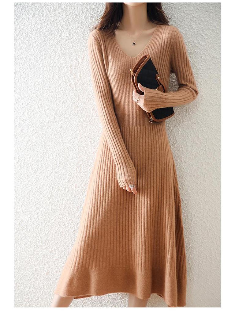 Women's Pure Wool V-Neck Ribbed Knit Dress: Slim, A-Line, Warm Autumn/Winter Sweater Skirt.
