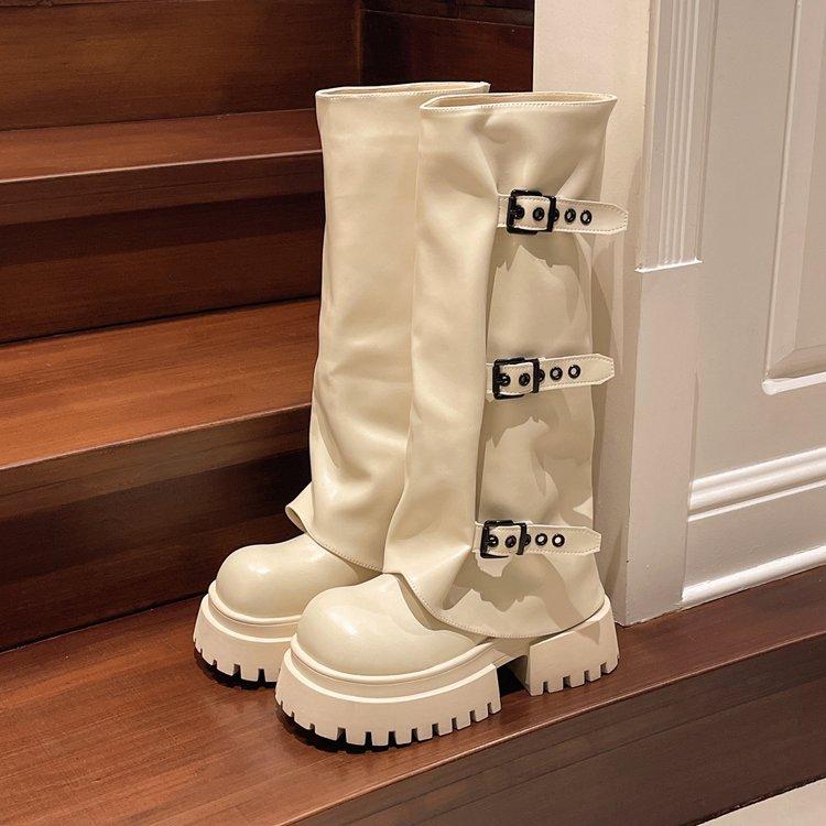 High Leg Boots Women Autumn Winter  New Sleeve Knight Boots Thick Soles Belt Buckles That Cannot Reach The Knee, Long Boots