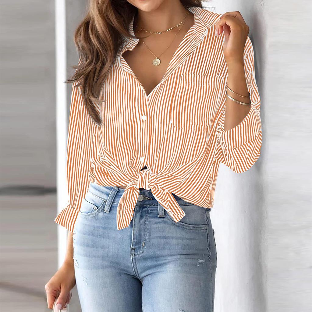 Женская рубашка на пуговицах в полоску, классическая рабочая рубашка с длинными рукавами и воротником, топ с карманами