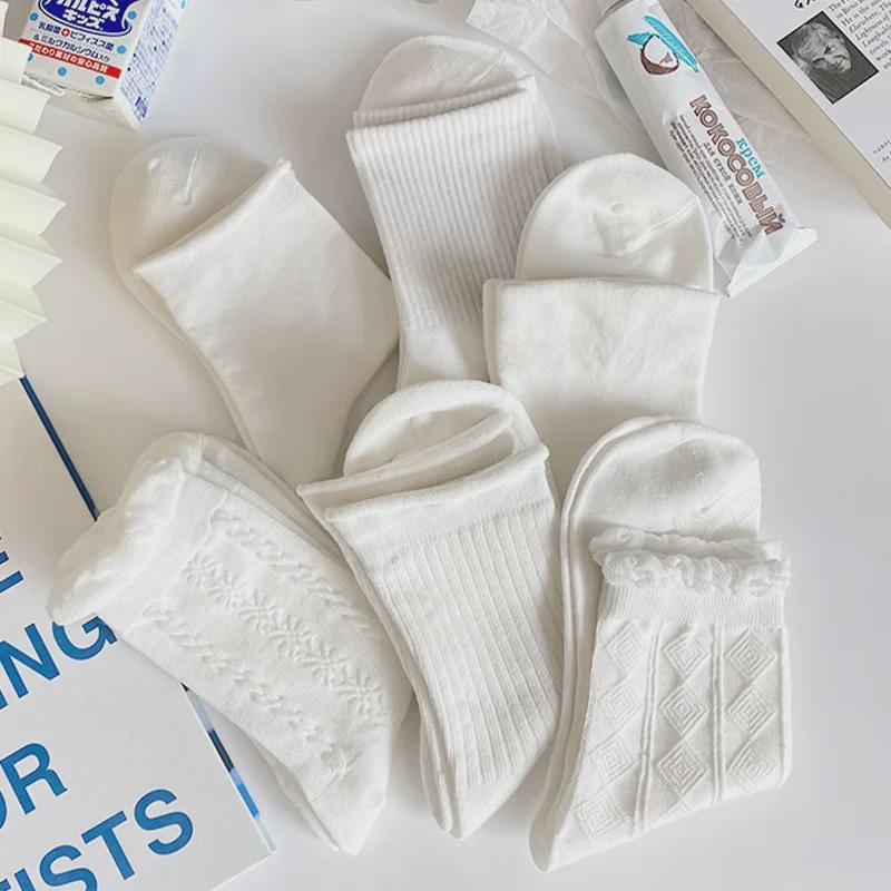 JK Spring/Summer Curled Women's Mid-Tube Cotton Socks – Trendy, Thin, Soft, Cute Japanese Style, Pure White