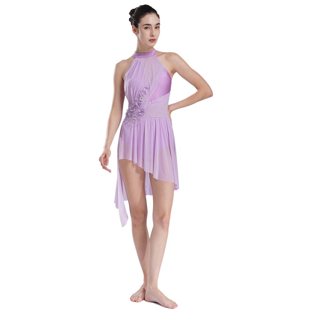 Женские балетные лирические танцевальные платья для фигурного катания, бретелька через шею, асимметричный подол, блестящие стразы, купальник