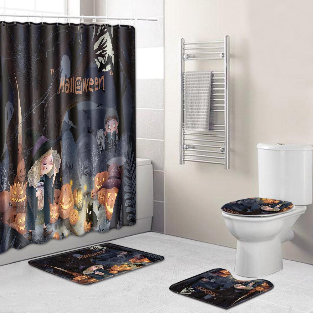 Halloween Shower Curtain Floor Mat Combination Four-Piece Set Kitchen Absorbent Non-Slip Carpet Bedroom Door Mat