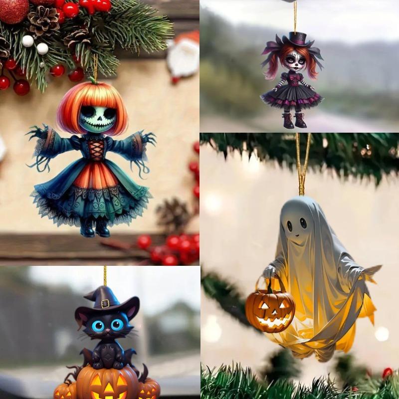 Halloween New Pumpkin Ghost Witch Pendant Girl Flat 2D Rearview Mirror Decoration Night Pendant Keychain Pendant Set Party Decoration