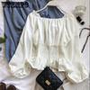 Women's Ruffled Chiffon Shirt Short Top Sexy Off-the-shoulder Off-the-shoulder Long Sleeve Waist Shirt Women Blouse Lantern Sleeve