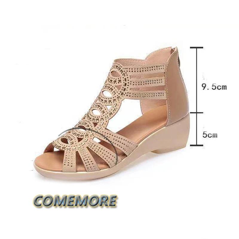 Летние настоящие мягкие римские сандалии из искусственной кожи, женские туфли на толстом каблуке 5 см, модная верхняя одежда, женские сандалии на танкетке, женская обувь