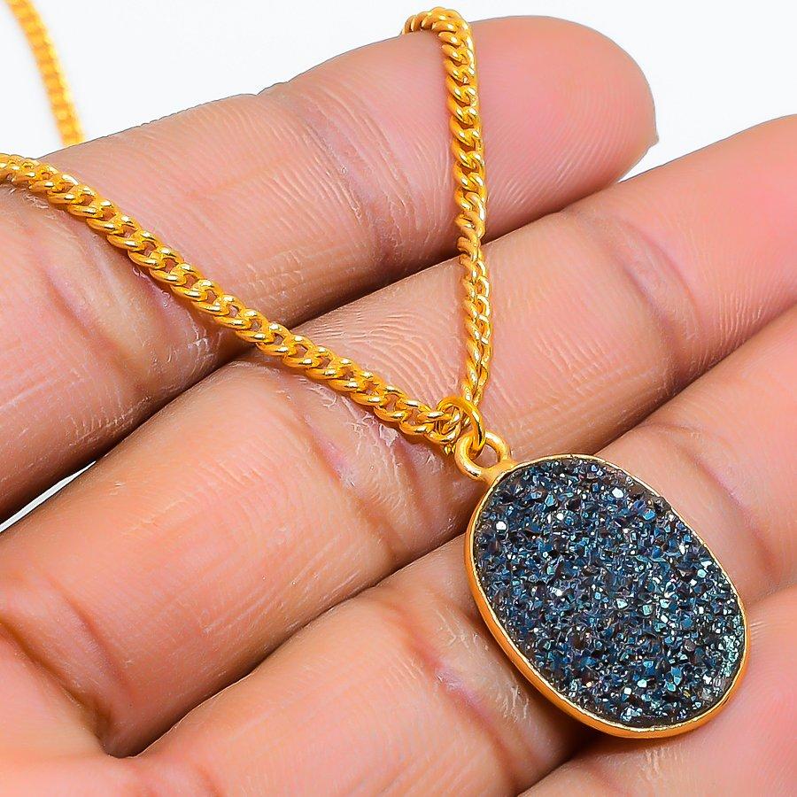 Peacock Titanium Druzy Gemstone 925 Sterling Silver Jewelry Necklace 20" GK-5015