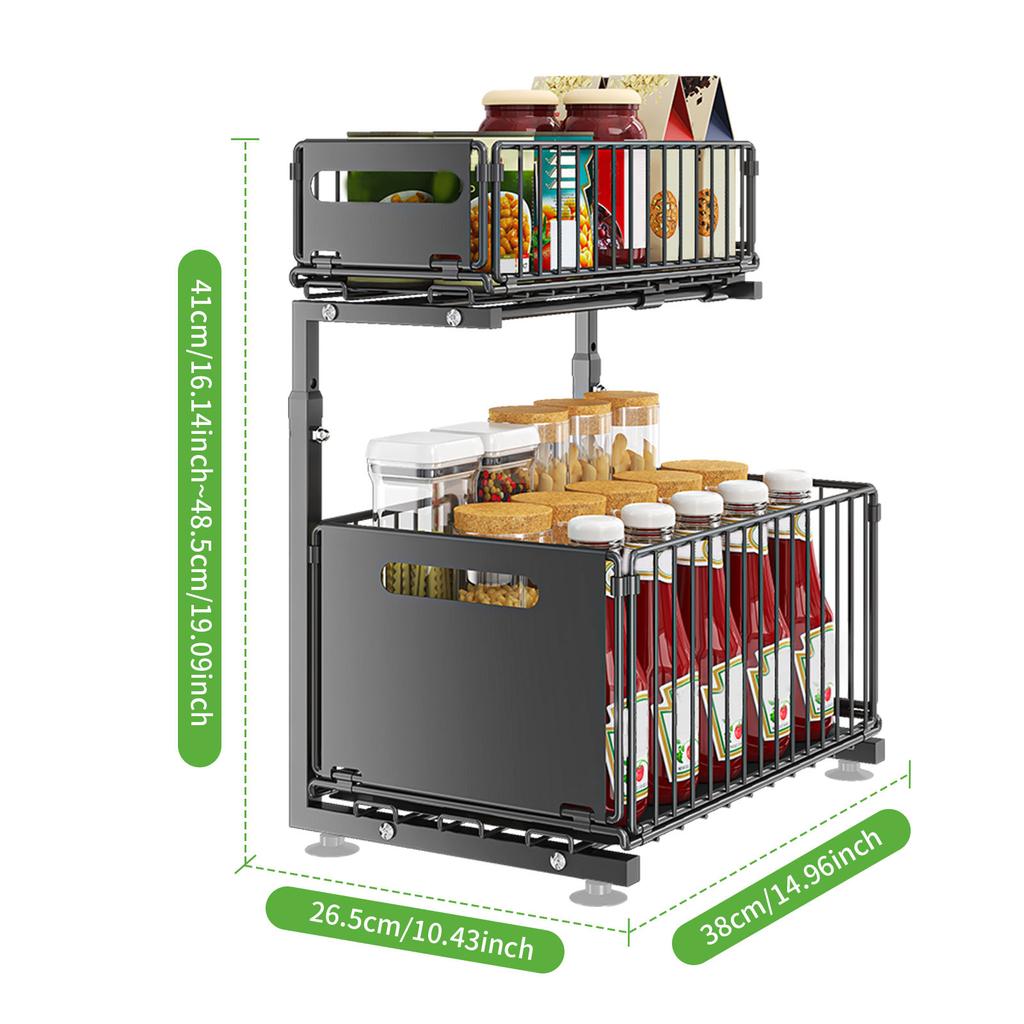 Kitchen Pull-out Storage Rack with Height-adjustable Under Sink Pull Basket Spice Rack Layered Bathroom Organization Rack