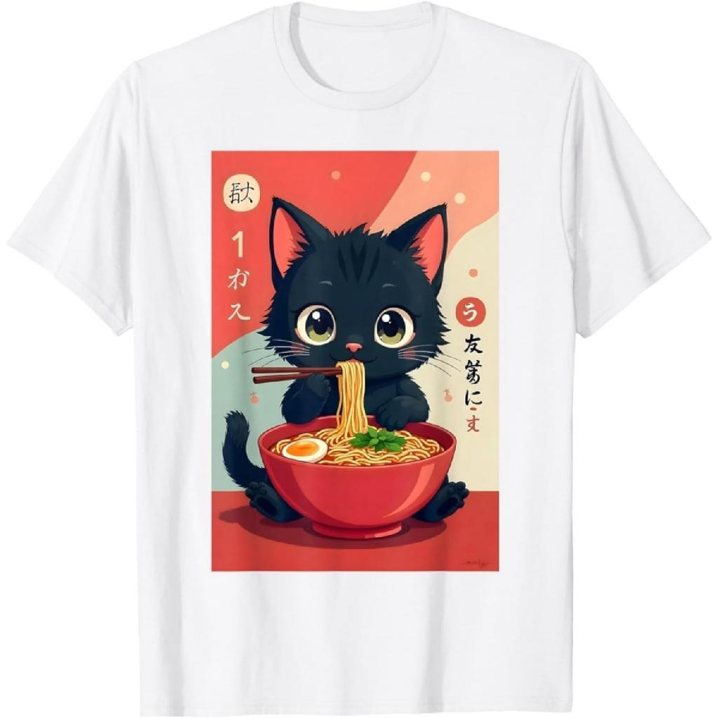 YUZBHOME Котёнок Ест Японскую Лапшу Аниме Манга Котёнок Рамен Футболка
