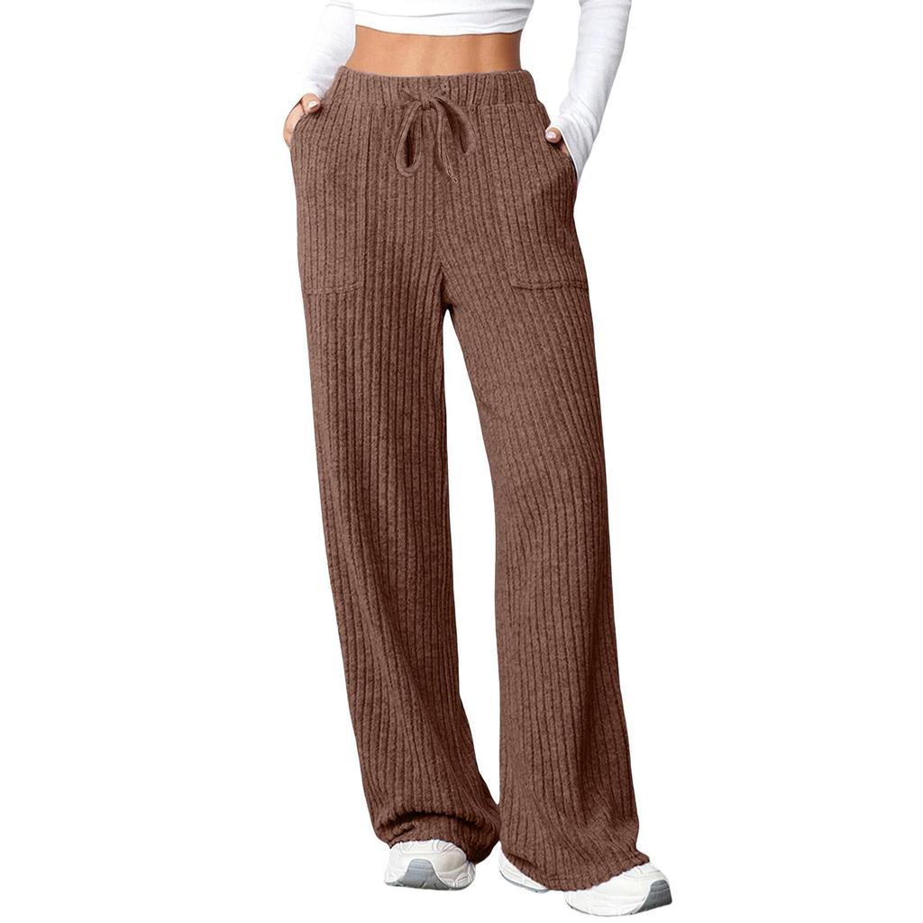 2025 Autumn/Winter Women's Casual Ribbed Pocket Long Pants – European & American Style