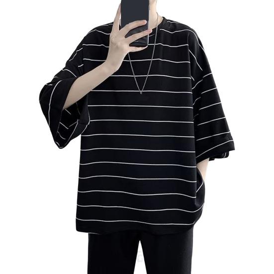 Летний мужской топ в полоску с рукавами три четверти с круглым вырезом Свободный пуловер в японском стиле с разрезом подол средней длины Мягкая повседневная футболка для подростков