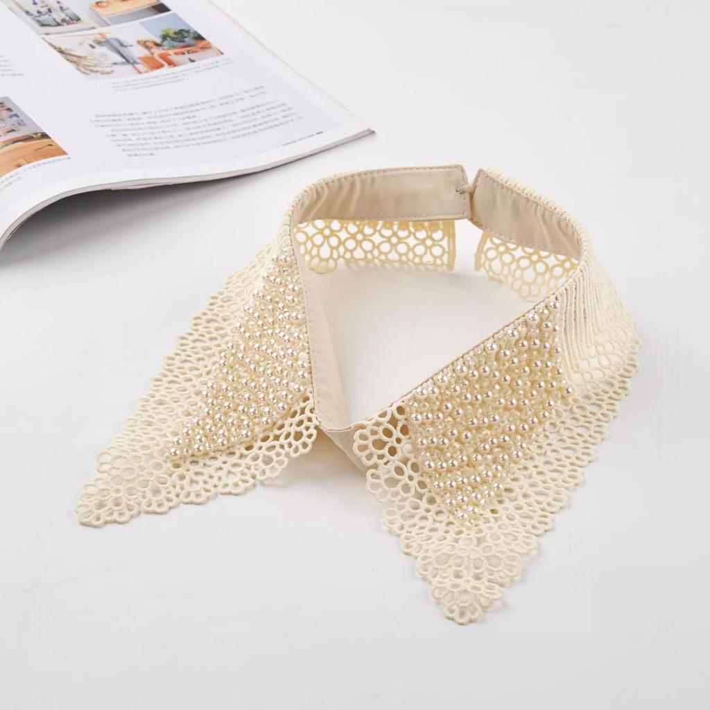 Lace Black White Detachable Fake Collar Beaded Tie Shirt Women's Blouse Top Dickey Detachable Lapel Fashion Accessory