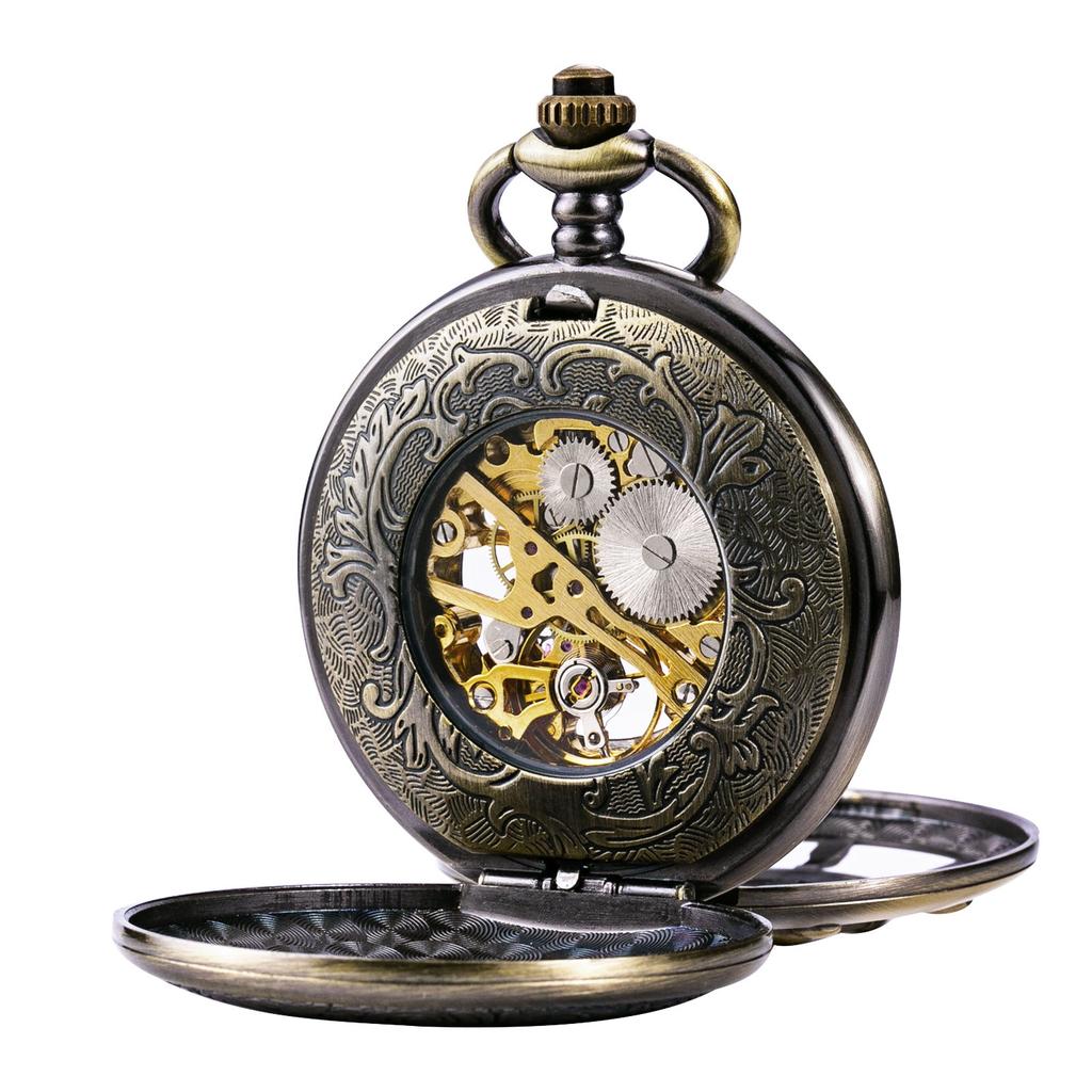 TREEWETO Bronze Double Cover Roman Numeral Dial Skeleton Pocket Watch Men's Women's
