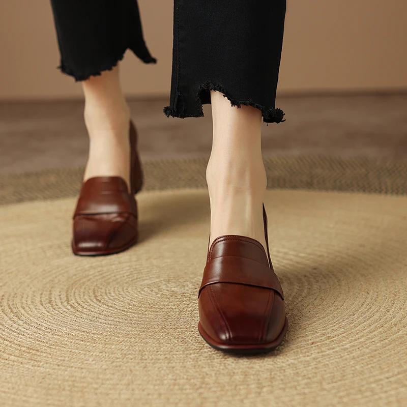 Мода 2025 Весна Новые ТУФЛИ ЖЕНСКИЕ ИЗ НАТУРАЛЬНОЙ КОЖИ ПОВСЕДНЕВНЫЕ Женские Слипоны Лодочки с Мелким Вырезом Квадратный Носок Каблуки Женская Обувь Zapatos De Mujer
