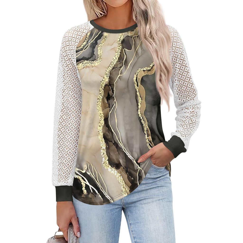 Женские футболки с длинным рукавом, топы с круглым вырезом и кружевом, повседневные блузки, модные топы