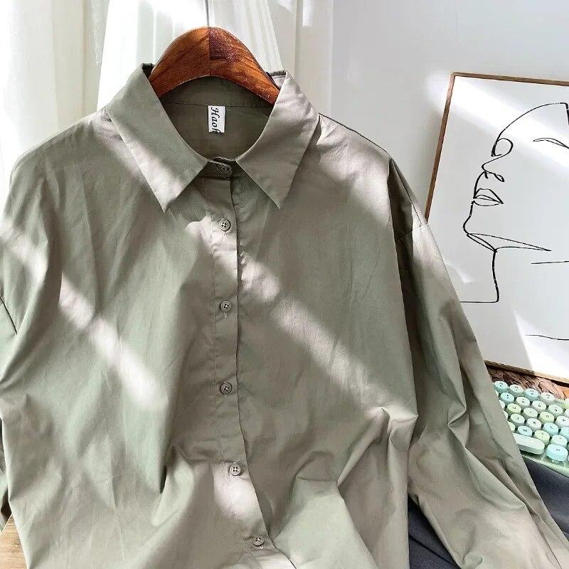 Autumn Korean Fashion Solid Simple Long Sleeve Shirt Women Cotton Blouse Turn Down Collar Tops Loose Clothes Blusas 29622
