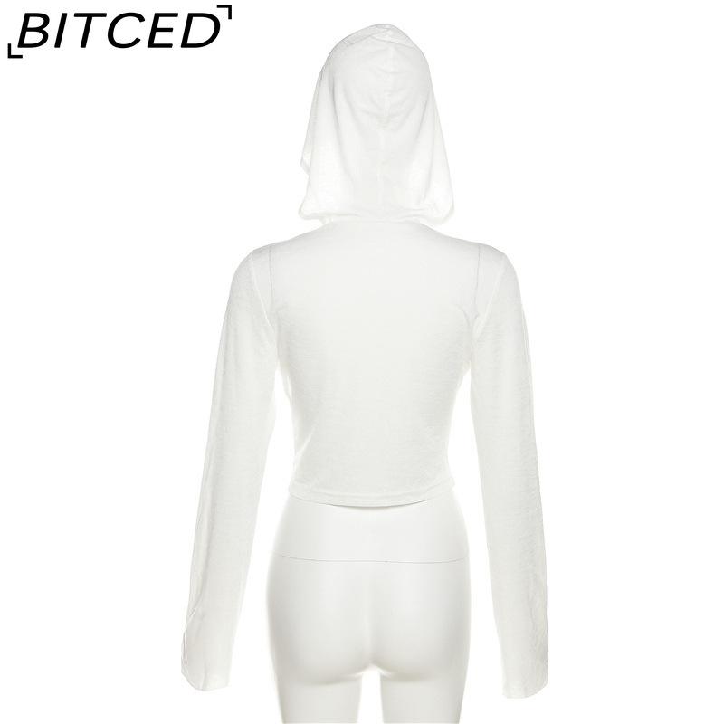 BITCED Spring Women's Solid-Color Slim-Fit Crop Top Fashion V-Neck Hooded Long-Sleeve Sun Protection Shirt
