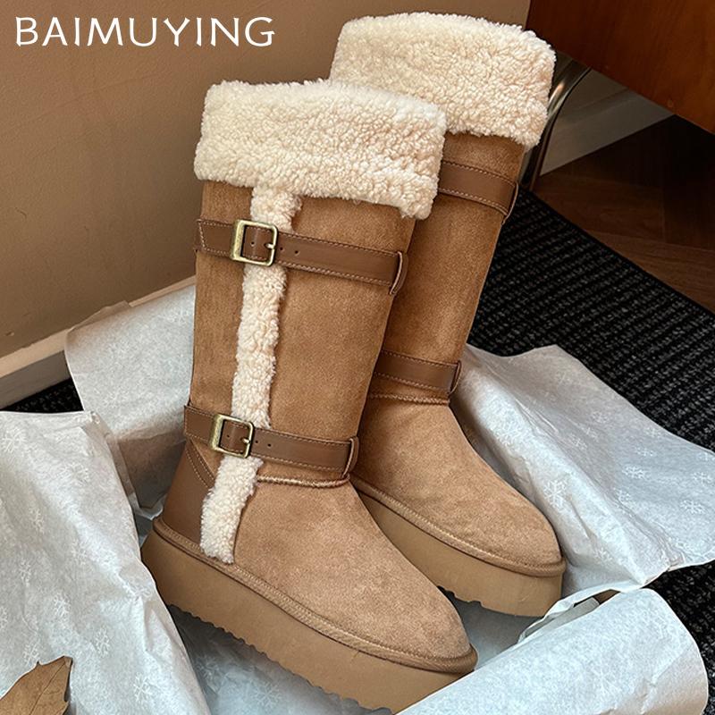 Меховые женские высокие сапоги на замшевой платформе короткие плюшевые хлопковые туфли на плоской подошве 2025 года, трендовые зимние дизайнерские теплые туфли до середины голени для снега Botas De Mujer