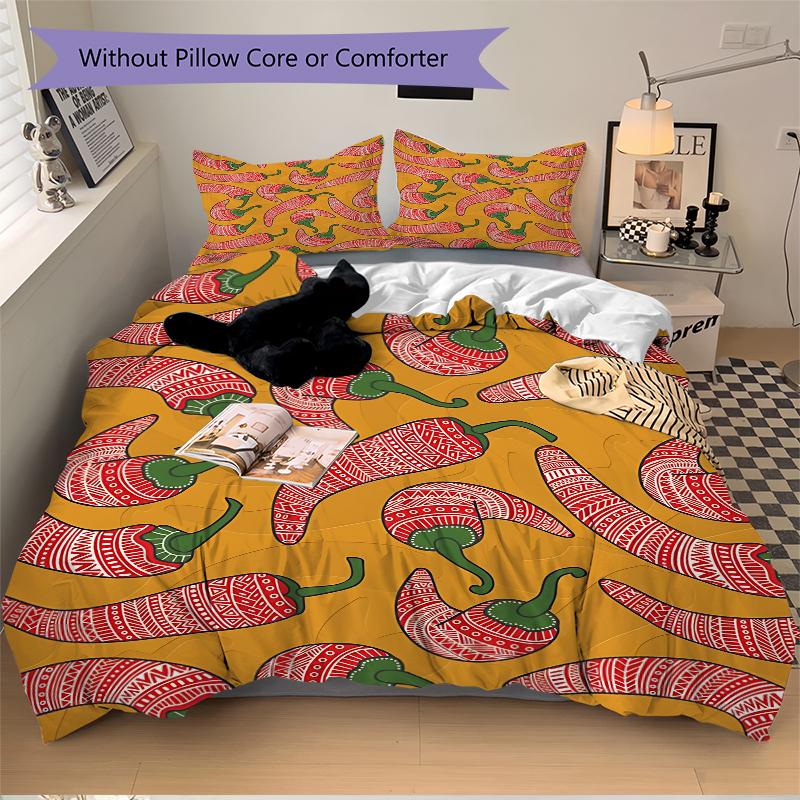 3Pcs Chili Pepper Art Bedding Set Soft Fabric Duvet Cover Pillowcases Home Christmas Xmas Halloween Gift 1 Duvet Cover 2 Pillowcase G1118