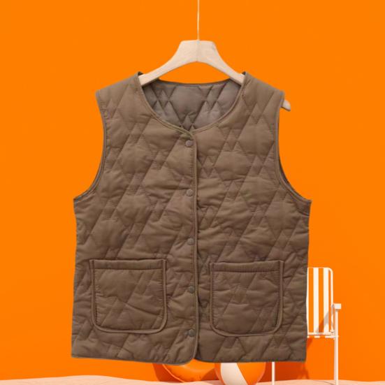 Women's Thermal Vest Sleeveless Single-breasted Closure Jacket Solid Color Round Neck Imitation Silk Cotton Padded Waistcoat for Autumn Winter