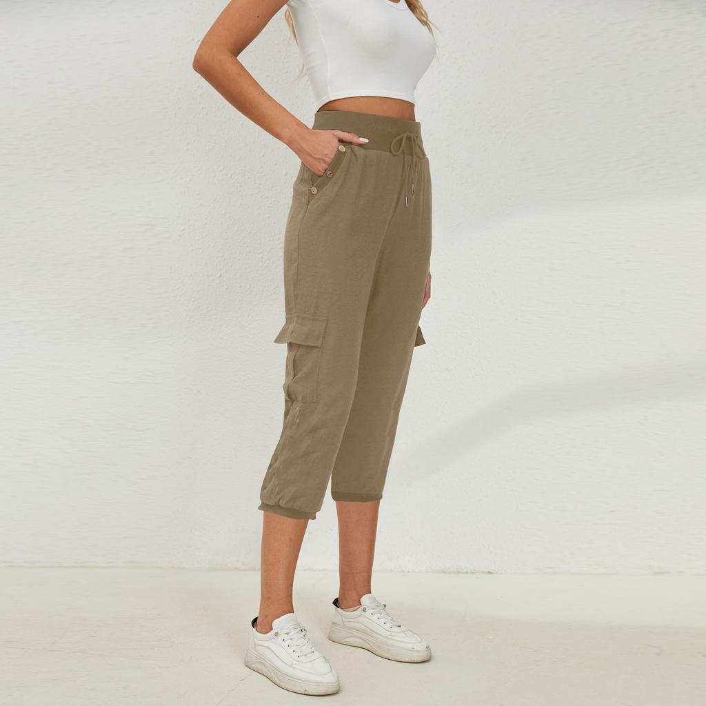 Женские брюки 3/4 с эластичной резинкой на талии и карманами, повседневные свободные однотонные брюки для йоги из хлопка и льна