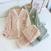Embroider Flower Pajamas V-Neck Sleep Set Wome Winter Thick Flannel Home Clothes with Pocket Warm Coral Fleece Nightwear