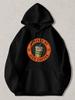 Black Hooded Sweatshirt with Orange 'Powered By Iced Coffee Since 8 AM' Graphic Print Casual Pullover Hoodie Suitable for Daily We