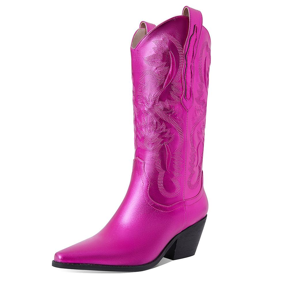 GIGIFOX женские вышитые сапоги в стиле вестерн длиной до середины голени на высоком каблуке с острым носком, легко надеваемые, универсальные сапоги для девушек-ковбоев StreetSnap