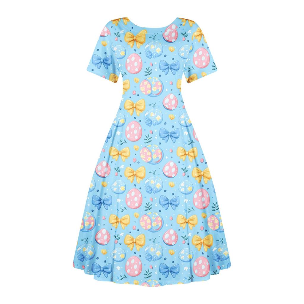 Женское повседневное модное платье с пасхальным принтом, круглое платье с коротким рукавом и талией, средней длины (с молнией)