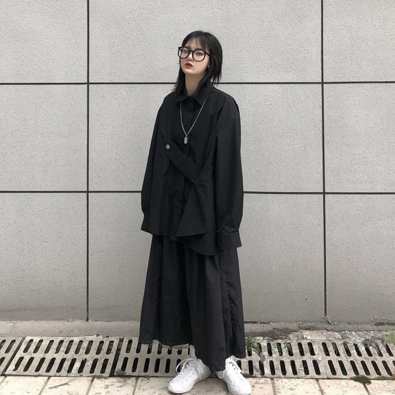 Women's Blouse Asymmetrical Japanese Style Top Streetwear Punk Cool Black Shirt Oversize Long Sleeve Button Up Alt Clothes