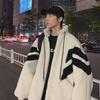 "2023 Men's Striped Stand Collar Lamb Wool Cotton Jacket - Niche Couple's Furry Coat"