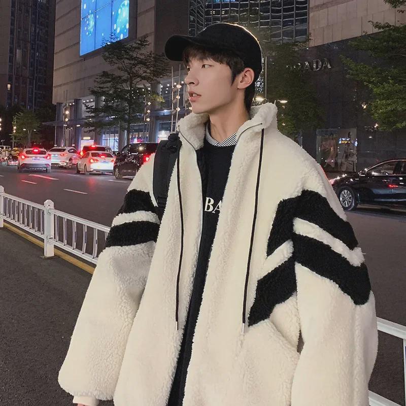 "2023 Men's Striped Stand Collar Lamb Wool Cotton Jacket - Niche Couple's Furry Coat"