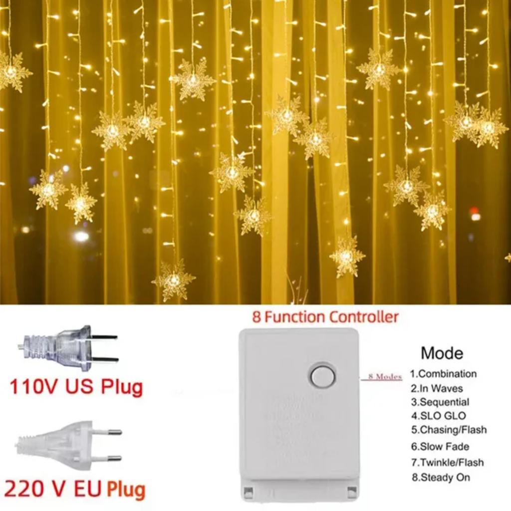 New 3M Christmas Light  Snowflake Curtain Icicle Fairy String Lights Outdoor Garland  Party Garden 2024  Year Decoration