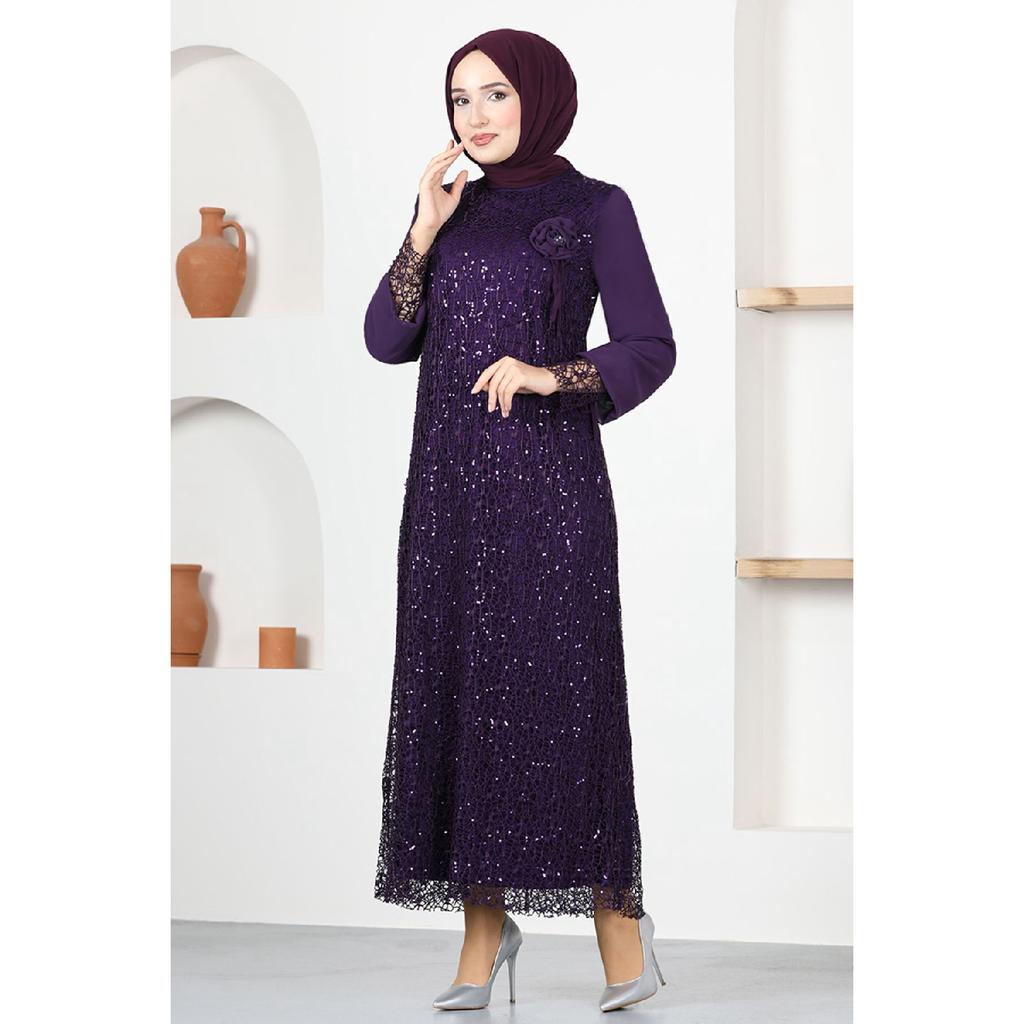 Женская одежда Вечернее платье Модное сетчатое вечернее платье в стиле хиджаб с блестками и розами 2517 Темно-синий