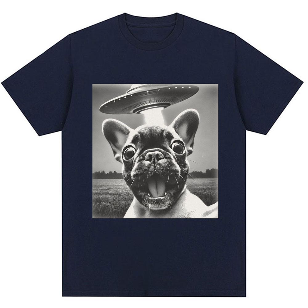 French Bulldog UFO Funny Meme Graphic T-shirt Vintage Fashion Men Women Short Sleeve Oversized Cotton Summer T Shirts Streetwear