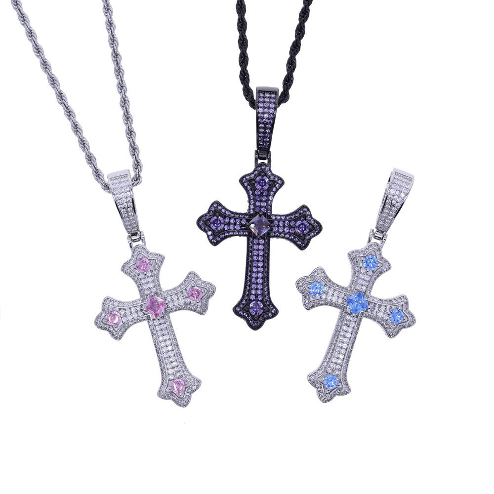 Fashion Design Two Tone Cross Pendant Men Hip Hop Necklace Full Paved Iced Out Cubic Zirconia Geometric Pink Blue Purple Cross