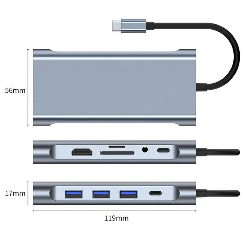 Gigabit Ethernet Port 11-in-1 Type-c USB 3.0 Hub Multi-Port Laptop Docking Station Type C To 4K HDMI VGA PD RJ45 100M