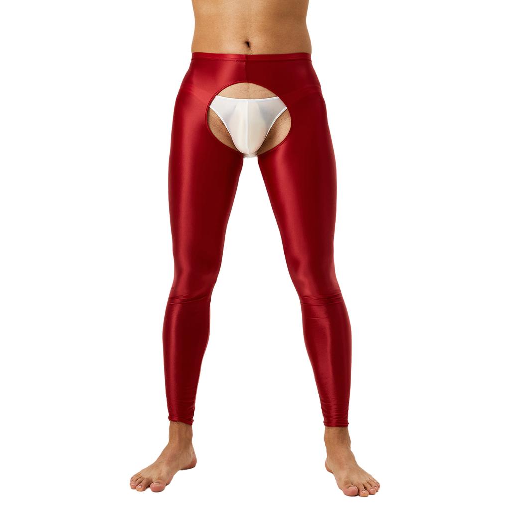Mens Glossy Open Crotch Leggings Pants High Waist Slim Fit Tights Underwear Baselayer Pants for Nightclub Dance Wear