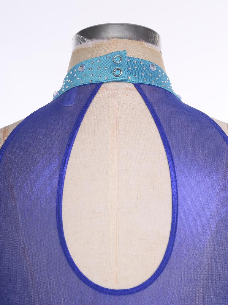 Womens Lyrical Dance Dress Ruched Metallic Mesh Rhinestone Detail Irregular Hem Sleeveless Backless Built In Briefs Leotard