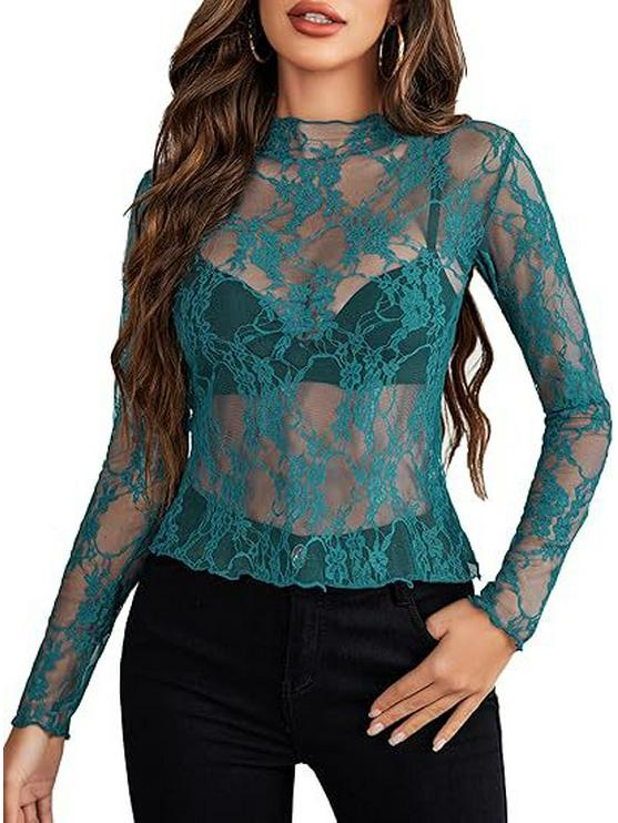 2024 European & American Style Lace Floral See-Through Long-Sleeve Women's Top