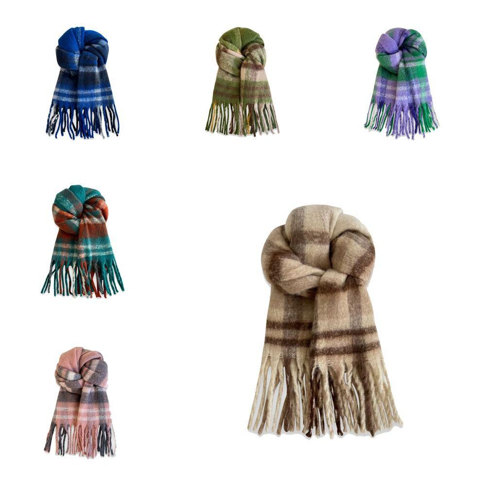 Plush Plaid Wool Scarf Tassel Cape Wraps Simple Winter Cashmere Scarves  Student