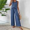 Women's Two Piece Lounge Set Summer Sleeveless Hollow Back Top Wide Leg Pants Set Casual Vacation Travel Outfits