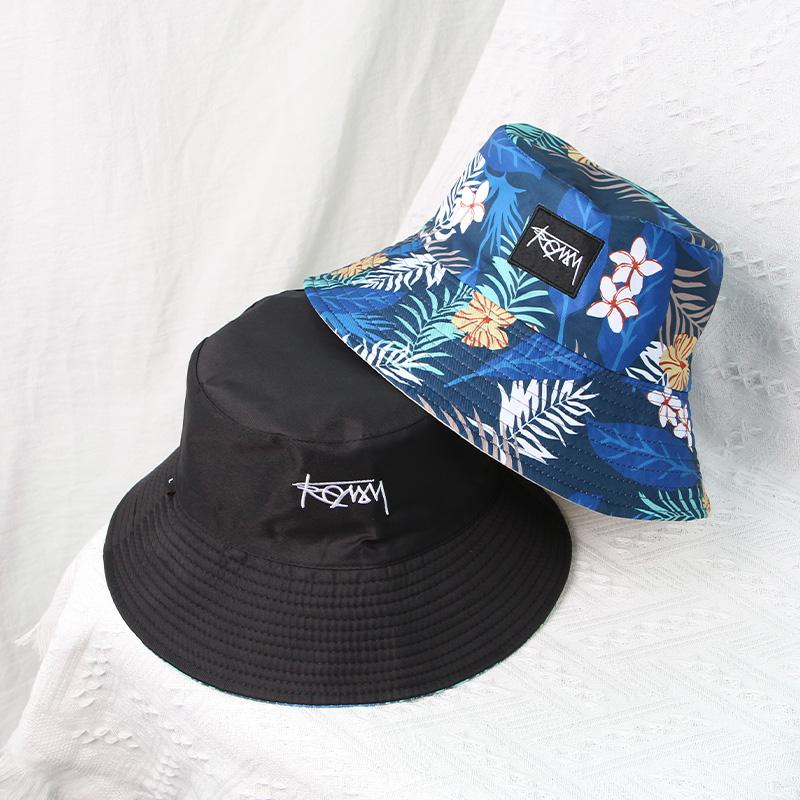 Korean Letters Embroidery Bucket Hat For Women Men Summer Coconut Trees Print Double-Sided Fisherman Cap Wide Brim Sunshade Hats